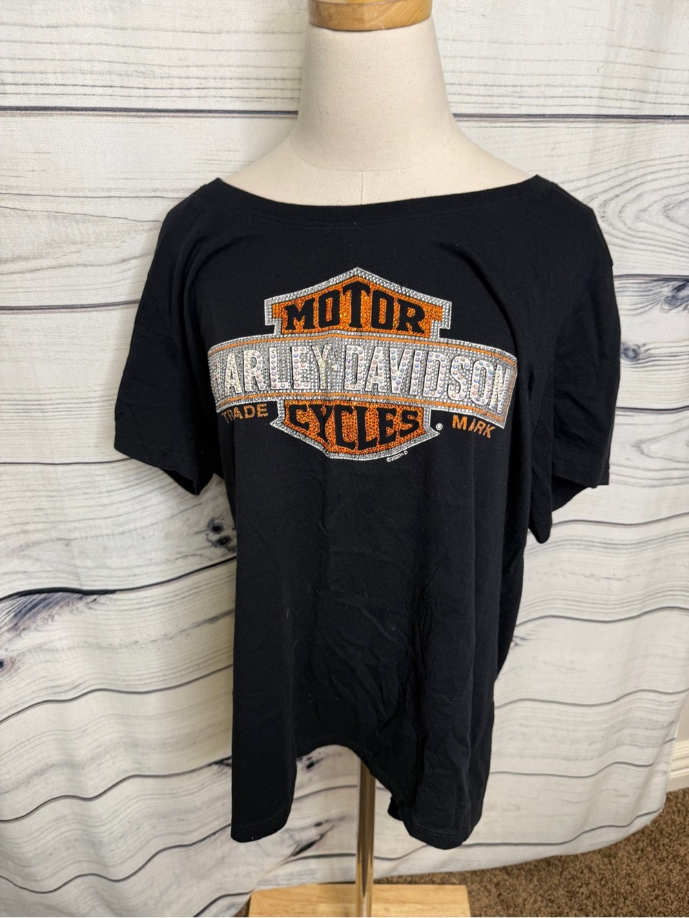 Harley-Davidson Black Tee with Orange and Silver Shield rhinestones crystals